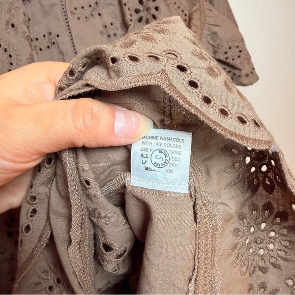 Ruffle Sleeve Brown Eyelet Lace Blouse Cottagecore Boho Romantic Top Cotton - Picture 9 of 12